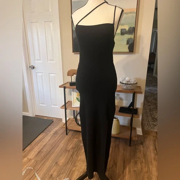 Abercrombie & Fitch Black Ribbed Asymmetrical Strappy Maxi Dress Small Tall - Picture 2 of 12